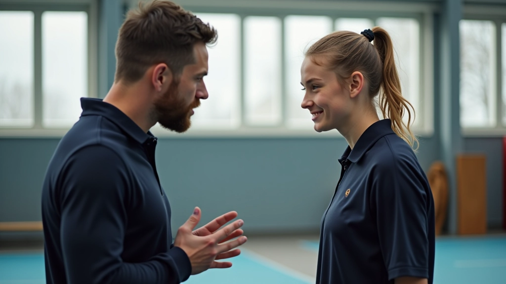 Trainers en jonge atleten in gesprek in sporthal, authentieke momentopname