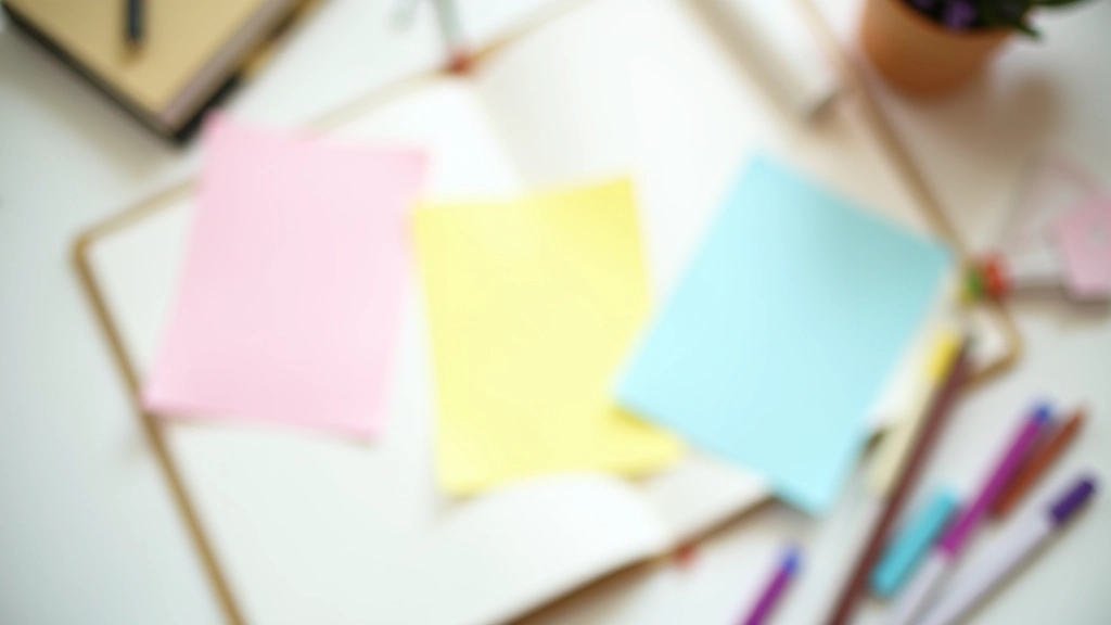 Notebook met drie gekleurde notities naast elkaar, pijlen wijzend van boven naar beneden, gekleurde pennen, bureau van bovenaf gefotografeerd