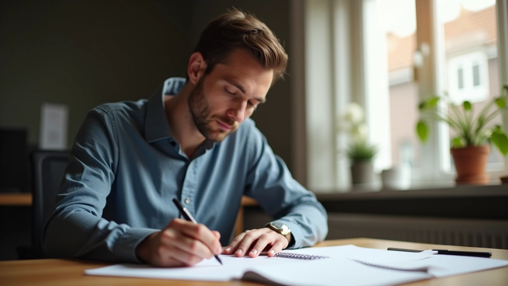 Persoon zittend aan bureau met aantekeningen en notities over verhaalstructuur