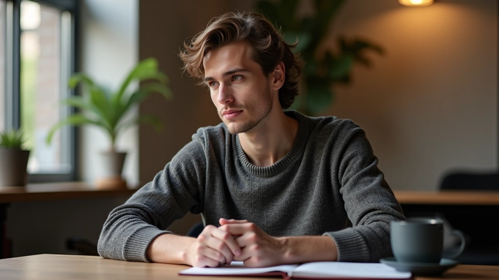 Persoon zit peinzend aan houten tafel met koffie en notitieboek in warm licht