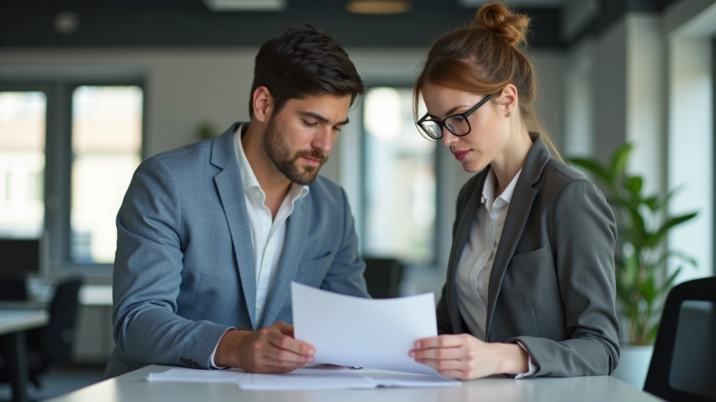 Twee collega's in kantoor bespreken project terwijl ze naar notities kijken met concentratie