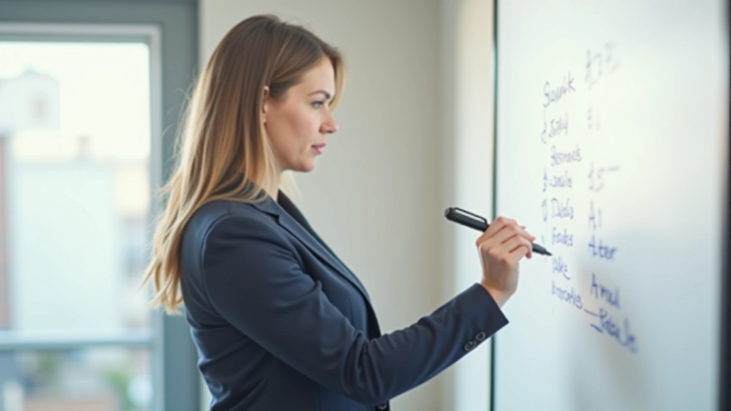 Professionele vrouw maakt notities op whiteboard met grafische elementen