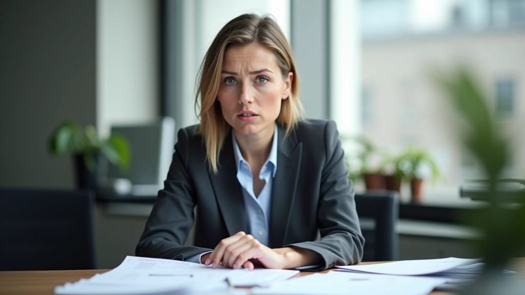 Vrouw met bezorgde uitdrukking in kantooromgeving, werkdocumenten op tafel