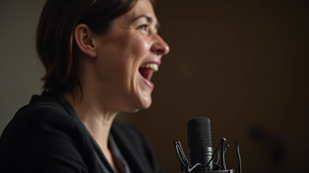 Iemand spreekt in een microfoon, emotie en passie in gezichtsuitdrukking, professionele studio-achtergrond, bovenaanzicht van gezicht en schouders